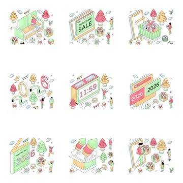 Set of New Year Celebration Isometric Illustrationss Stock Illustration