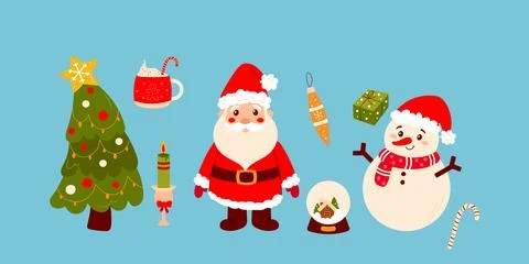 Set of New Year characters on blue background, santa, snowman, Christmas tr.. Stock Illustration