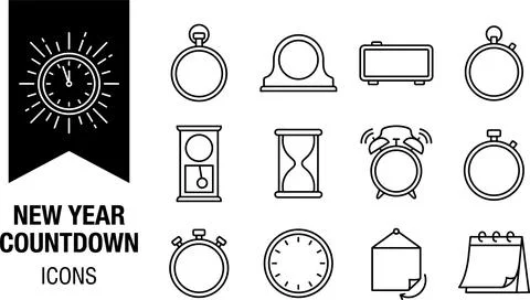 SET New Year countdown icons collection featuring various clocks, hourglass.. Stock Illustration