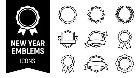 SET New Year emblems and icons collection featuring award ribbons, laurel w.. Stock Illustration