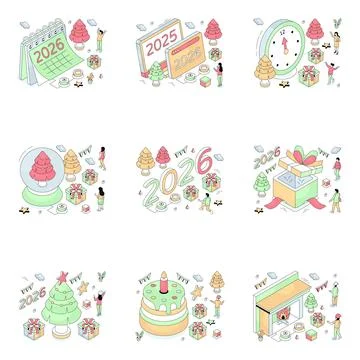 Set of New Year Isometric Illustrationss Stock Illustration