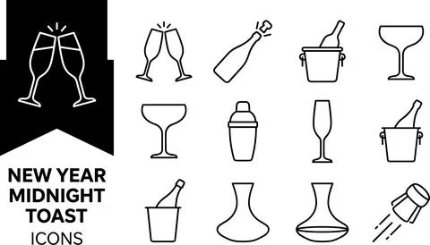 SET New Year midnight toast icons collection featuring champagne glasses, b.. Stock Illustration
