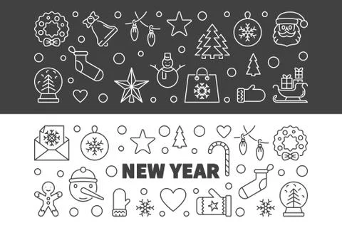 Set of New Year modern vector outline horizontal banners Stock Illustration