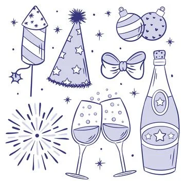 Set of new year party elements hand drawn coloring Stock Illustration