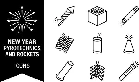 SET New Year pyrotechnics and rockets icons set, including firework burst, .. Stock Illustration
