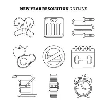 Set of New Year Resolution icon outline collection with line art style, gym.. Stock Illustration