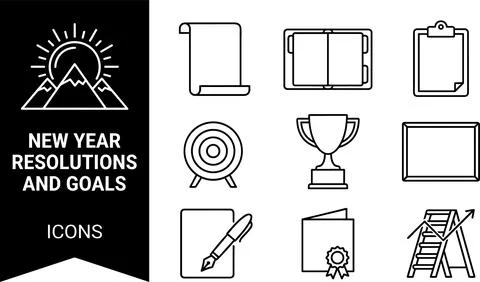 SET New Year Resolutions and Goals icons set with mountains, sun, trophy, t.. Stock Illustration