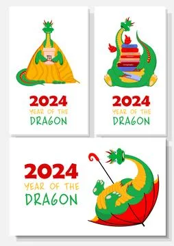 A set of New Year s cards with dragons. Greeting card 2024. Stock Illustration
