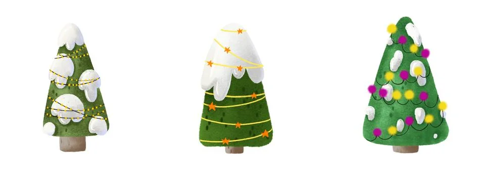 Set with New Year tree with decor, stars bubbles, lights, garlands. Beautif.. Stock Illustration