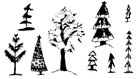 Set of New Year trees made with brush on white background, snow covered trees Stock Illustration