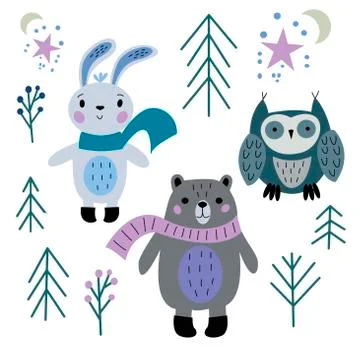 Set of New Years animals - bear, bunny, owl Stock Illustration