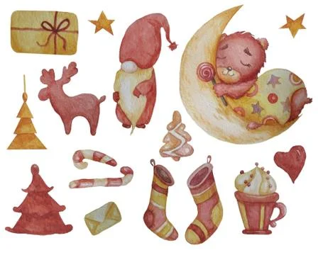 Set of New Years elements. A cute bear sleeps on the moon, a magical gnome and a Stock Illustration