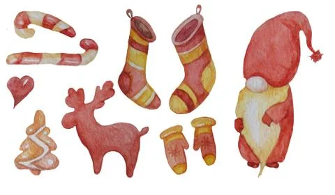 Set of New Years elements. A fabulous old gnome, a deer, Christmas stockings and Stock Illustration