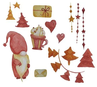 Set of New Years elements. Fabulous magic old man gnome, decorations and Stock Illustration