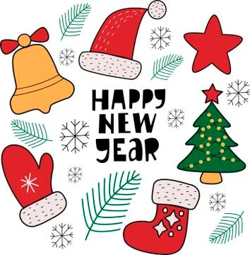 Set of New Years elements - tree, star, mitten Stock Illustration