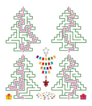 Set of New Years various mazes in form of Christmas tree. Puzzle, education game Stock-Illustration