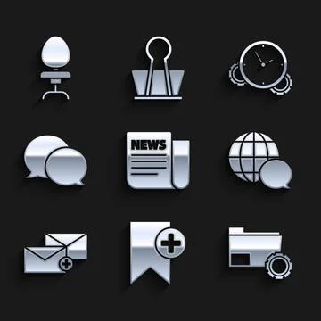 Set News, Bookmark, Folder settings with gears, World map made from speech Stock Illustration