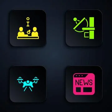 Set News, Interview, Drone and Radar. Black square button. Vector 库存插图