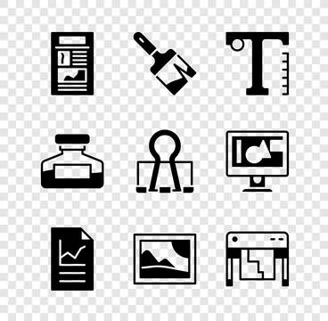 Set News, Paint brush, Text, Document with graph chart, Picture landscape, .. Ilustración de archivo
