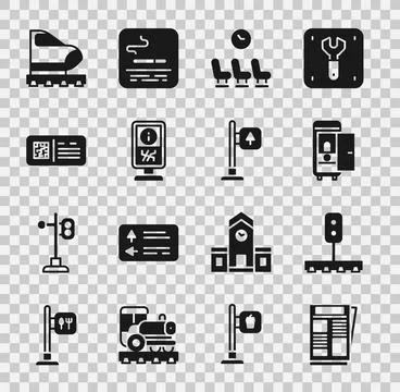 Set News, Train traffic light, Toilet the train car, Waiting room, Information Stock Illustration