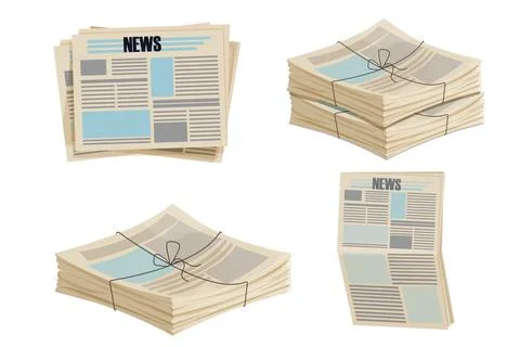 Set Newspaper pile, stack of magazine with rope in cartoon style isolated on Stock Illustration