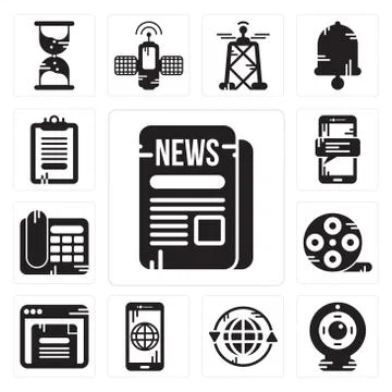 Set of Newspaper, Webcam, Earth grid, Smartphone, Browser, Film reel, Telepho Free Stock Illustration