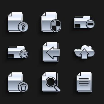 Set Next page arrow, Document with search, Cloud upload, Delete file document Stock Illustration