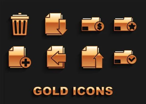 Set Next page arrow, Document folder with star, and check mark, Upload file.. Stockillustratie