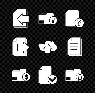 Set Next page arrow, Unknown document folder, Finance, Document and check mark Stock Illustration
