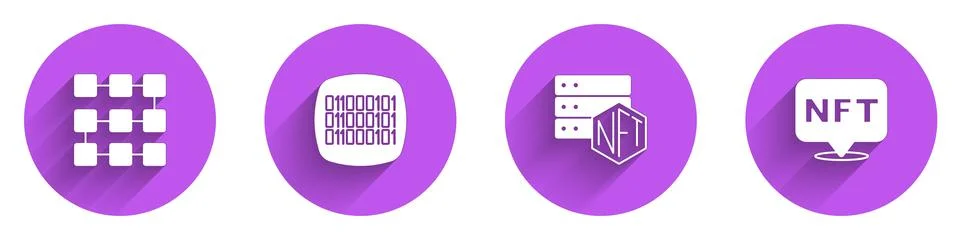 Set NFT blockchain technology, Binary code,  and Digital crypto art icon with Stock Illustration