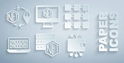 Set NFT blockchain technology, Binary code, Cryptocurrency wallet, Monitor wi イラスト素材
