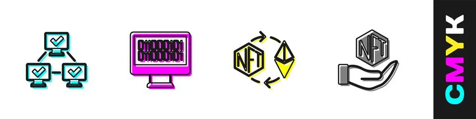 Set NFT blockchain technology, Binary code, Ethereum exchange and Digital crypto Stock Illustration
