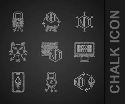 Set NFT blockchain technology, Cyber security, Ethereum exchange, Binary code Stock Illustration