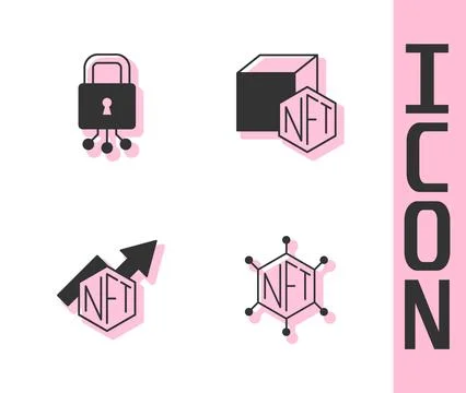 Set NFT blockchain technology, Cyber security, growth bar chart and Digital.. Stock Illustration