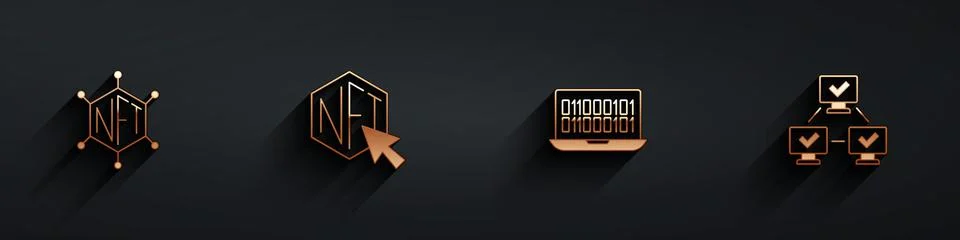 Set NFT blockchain technology, Digital crypto art, Binary code and icon with Stockillustratie