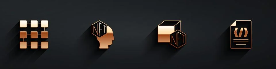Set NFT blockchain technology, Digital crypto art, and Binary code icon with 스톡 일러스트