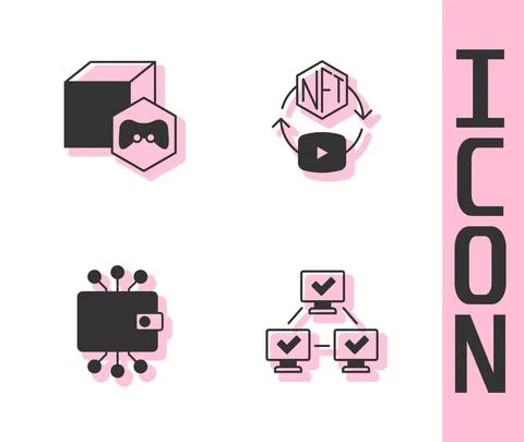 Set NFT blockchain technology, Digital crypto art, Cryptocurrency wallet and Illustrazione stock