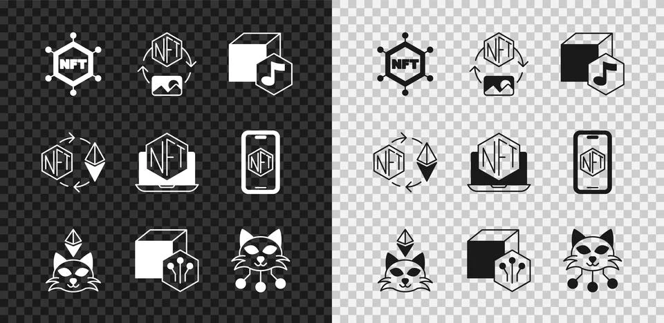Set NFT blockchain technology, Digital crypto art, Ethereum exchange and Laptop Stock Illustration