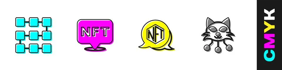 Set NFT blockchain technology, Digital crypto art, and icon. Vector Stock Illustration