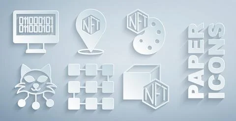 Set NFT blockchain technology, Digital crypto art, and Binary code icon. Vector Stock Illustration