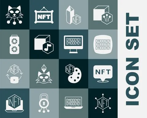 Set NFT blockchain technology, Digital crypto art, Binary code, Video graphic Illustrazione stock