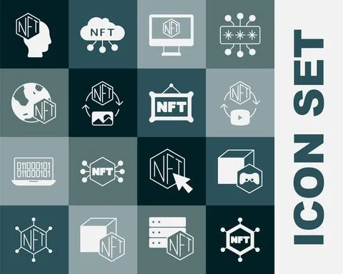 Set NFT blockchain technology, Digital crypto art, Monitor with store app, and Stock Illustration