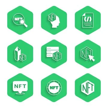 Set NFT blockchain technology, Digital crypto art, Binary code and Search icon Stock Illustration