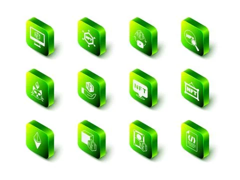 Set NFT blockchain technology, Digital crypto art, Search, Binary code, and icon Stock Illustration