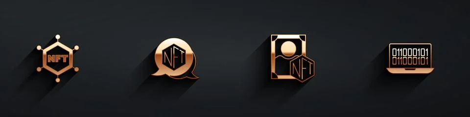Set NFT blockchain technology, Digital crypto art, and Binary code icon with Stock Illustration