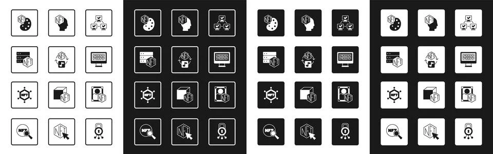 Set NFT blockchain technology, Digital crypto art, Binary code,  and  icon... Stock Illustration