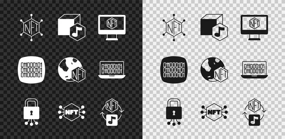 Set NFT blockchain technology, Digital crypto art, Monitor with store app, .. Illustration