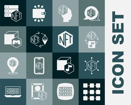 Set NFT blockchain technology, Digital crypto art, Ethereum exchange, and i.. Ilustração Stock