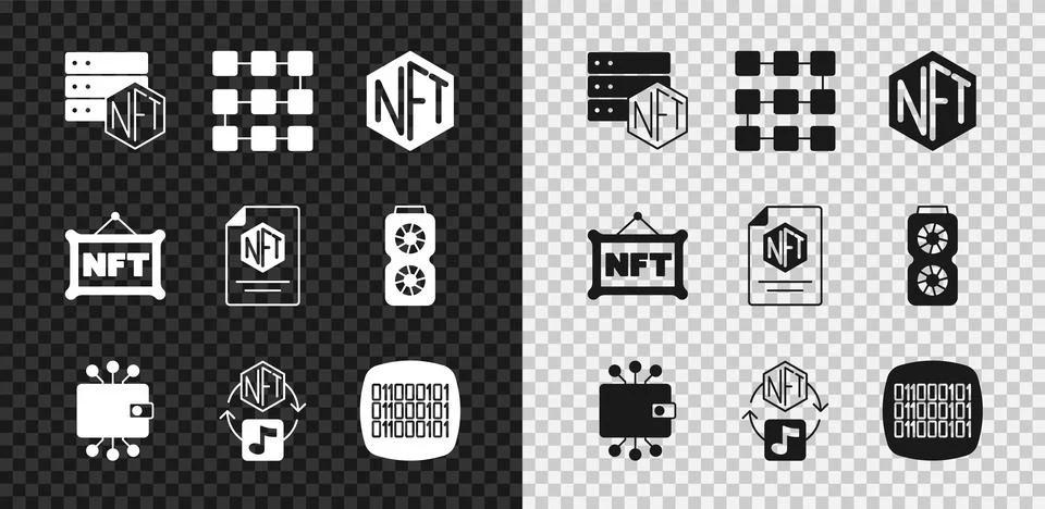 Set NFT blockchain technology, Digital crypto art, Cryptocurrency wallet, B.. Illustration