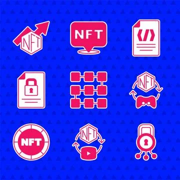 Set NFT blockchain technology, Digital crypto art, Cyber security, Document.. Stock Illustration